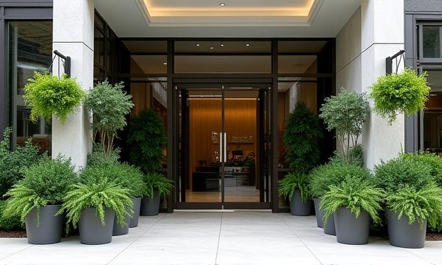 The welcoming entrance facade of Silk Bloom Gardens office building, adorned with carefully maintained plants.