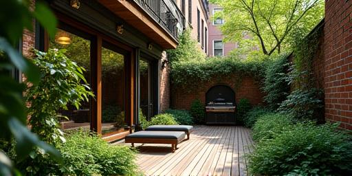 A beautifully renovated brownstone backyard in Brooklyn, featuring lush green plants, a wooden deck, and intricate brickwork.