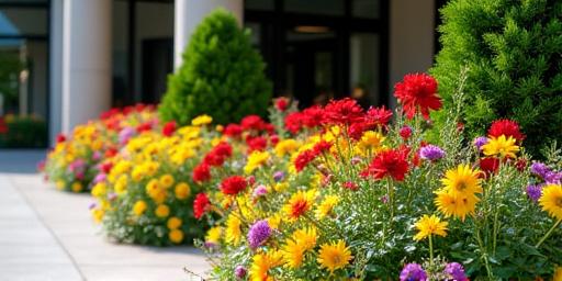 Vibrantly arranged seasonal flower beds adorning the entrance of a commercial building, showcasing a riot of colorful blooms.