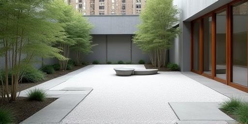 A serene, minimalist zen garden courtyard in a New York residential building, featuring raked gravel, carefully placed stones, and sparse, elegant plantings.