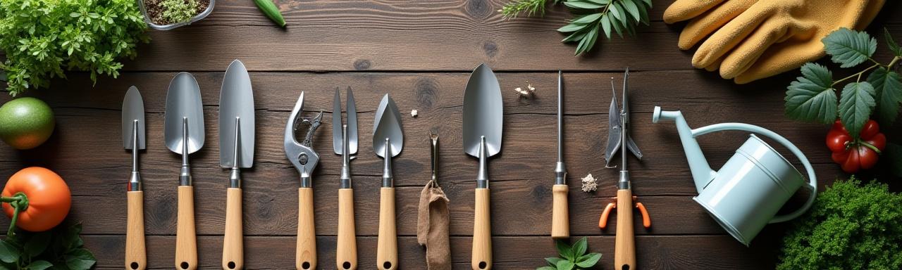 Clean gardening tools, including trowels, gloves, and a watering can, neatly arranged on a rustic wooden table.