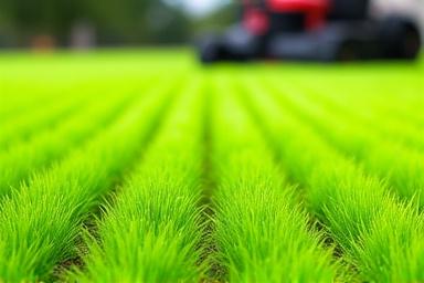 A pristine, freshly mowed lawn with the green grass lines clearly visible and a lawnmower in the background.